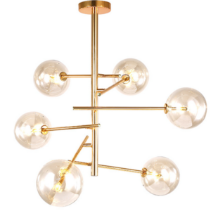 Glazen Design Hanglamp, 6 Amber Bollen, G4 Fitting, 75x80cm