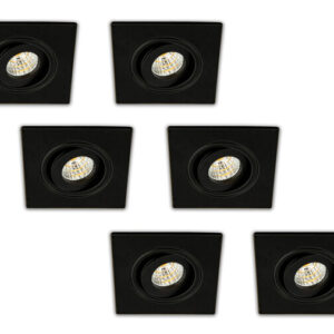 Inbouwspot LED 3W, Vierkant, Kantelbaar, Aluminium, Dimbaar, Zwart, 6-Pack