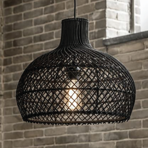 Rotan / Rieten Hanglamp, Handgemaakt, Zwart, Rond, â50 cm