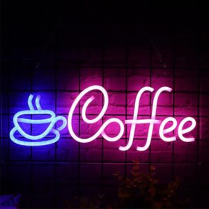 LED Neon Wandlamp "Coffee", Op USB, 42x22x2cm, Blauw/Roze