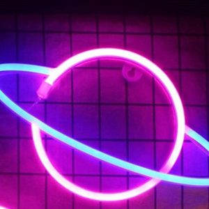 LED Neon Wandlamp "Planeet", Op Batterijen en USB, 30x18x2cm, Blauw/Roze