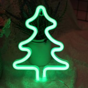 LED Neon Wandlamp "Kerstboom", Op Batterijen en USB, 25x19x2cm, Groen